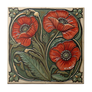 Vintage Art Nouveau Red Poppies Floral Ceramic Tile