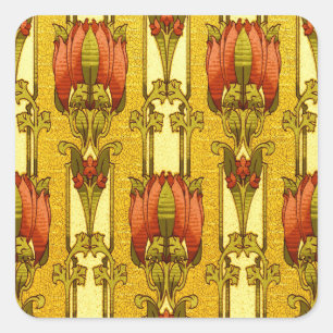 Vintage Art Nouveau Red Tulip Floral Pattern Square Sticker