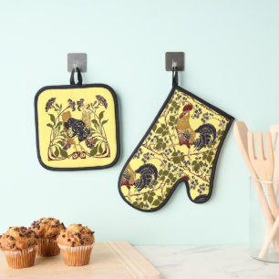 Vintage Art Nouveau Rooster & Berries Oven Mitt & Pot Holder Set