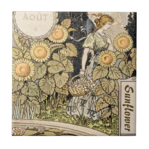 Vintage Art Nouveau Sunflower Garden Grasset Woman Ceramic Tile