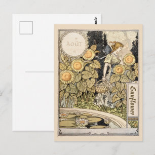 Vintage Art Nouveau Sunflower Garden Grasset Woman Postcard