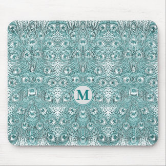 Vintage Art Nouveau Teal Peacock Feathers Monogram Mouse Pad