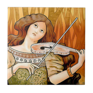 Vintage Art Nouveau Violin Poster Elegant Music Ceramic Tile
