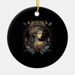 Vintage Art Nouveau Whimsigoth Woman In Teal And W Ceramic Ornament