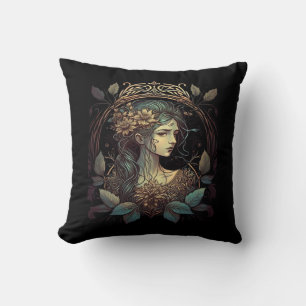 Vintage Art Nouveau Whimsigoth Woman In Teal And W Cushion