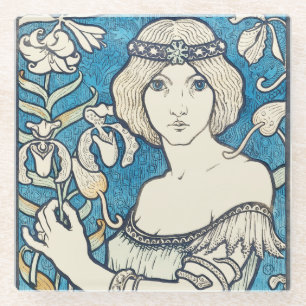 Vintage Art Nouveau Woman Blue Floral Poster Print Glass Coaster