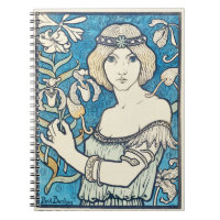 Vintage Art Nouveau Woman Blue Floral Poster Print