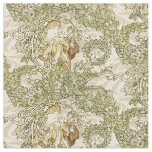 Vintage Art Nouveau Woman Floral Pattern by Mucha Fabric