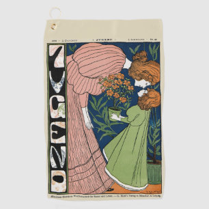 Vintage Art Nouveau Woman & Girl Green Dress Golf Towel