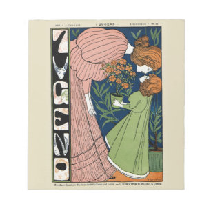 Vintage Art Nouveau Woman & Girl Green Dress Notepad