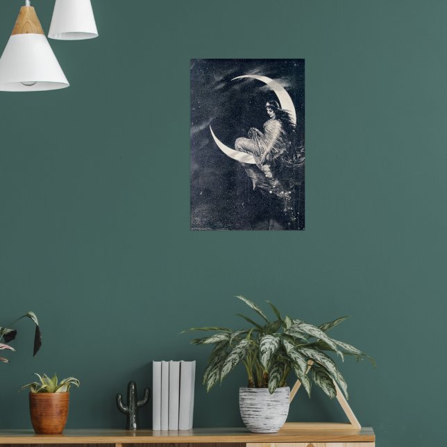 Vintage Art Nouveau Woman on Crescent Moon Poster (Living Room 1)