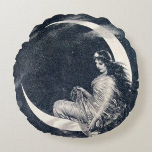 Vintage Art Nouveau Woman on Crescent Moon Round Cushion