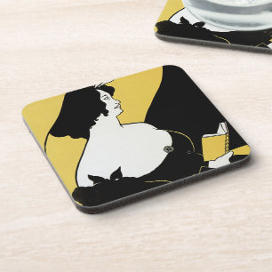 Vintage Art Nouveau, Woman Reading a Yellow Book Coaster