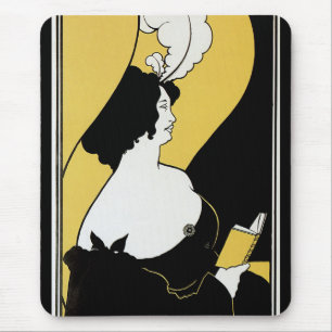 Vintage Art Nouveau, Woman Reading a Yellow Book Mouse Pad