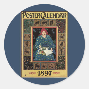 Vintage Art Nouveau, Woman Reading Astrology Book Classic Round Sticker