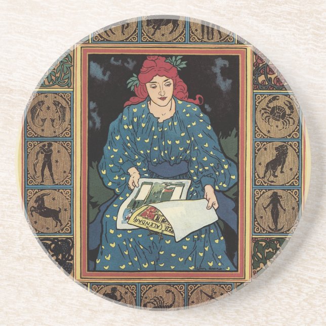 Vintage Art Nouveau, Woman Reading Astrology Book Coaster (Front)