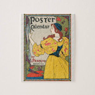 Vintage Art Nouveau Woman Yellow Dress Poster Jigsaw Puzzle
