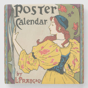 Vintage Art Nouveau Woman Yellow Dress Poster Stone Coaster