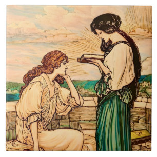 Vintage Art Nouveau Women Reading by the Sea  Ceramic Tile