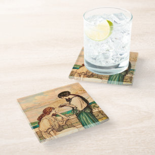 Vintage Art Nouveau Women Reading by the Sea Glass Coaster