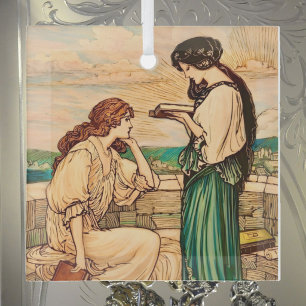 Vintage Art Nouveau Women Reading by the Sea Glass Tree Decoration