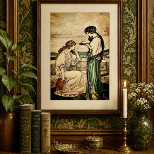 Vintage Art Nouveau Women Reading by the Sea Poster