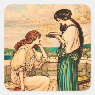 Vintage Art Nouveau Women Reading by the Sea Square Sticker