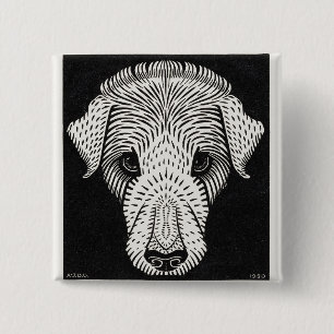 Vintage Art Nouveau Woodcut Dog Portrait Print 15 Cm Square Badge