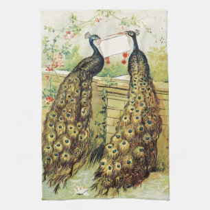 Vintage art peacocks carrying a message, gifts tea towel