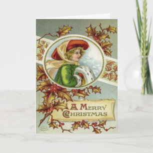 Vintage Art Victorian Girl Christmas Scene Holiday Card