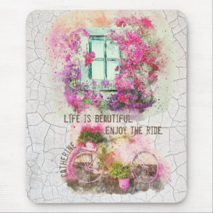 Vintage art watercolor bicycle window decoupage mouse pad
