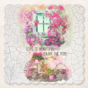 Vintage art watercolor bicycle window decoupage paper coaster