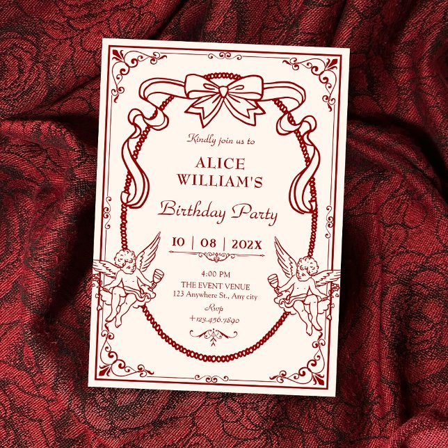 Vintage artistic baroque red bow birthday invitation (Creator Uploaded)