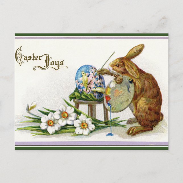 Vintage Artistic Bunny Painting an Egg Easter Postcard (Front)