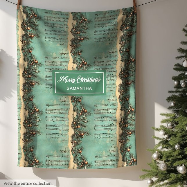Vintage Artistic Christmas Carols Pastel Green Fleece Blanket (Vintage Artistic Christmas Carols Pastel Green Fleece Blanket)
