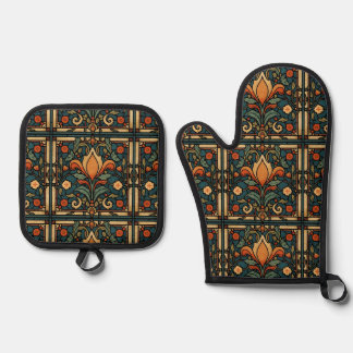 Vintage Arts & Crafts Craftsman, Mission Style  Oven Mitt & Pot Holder Set