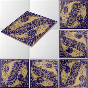 Vintage Arts & Crafts Japanese Koi Goldfish Ceramic Tile