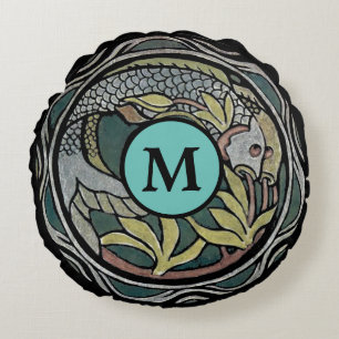 Vintage Arts & Crafts Style Koi Fish template Round Cushion