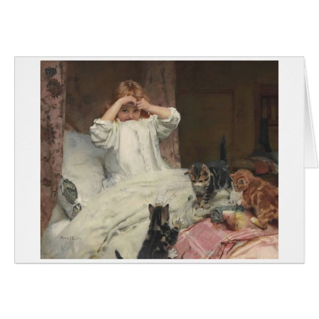 Vintage Artwork - Girl & Her Kittens in Bed, (Front Horizontal)