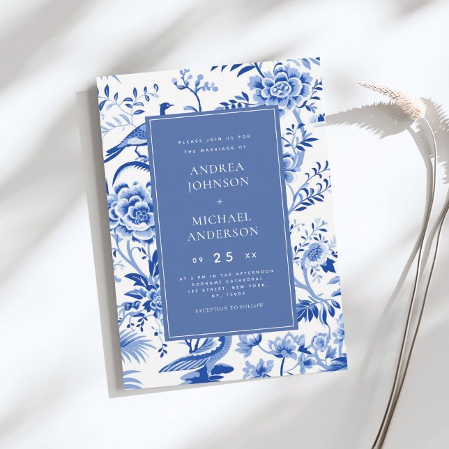 Vintage Asian Chinoiserie Floral Blue Wedding Invitation (Creator Uploaded)
