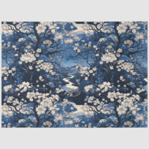 Vintage Asian Inspired Dark Blue & White Florals Tissue Paper
