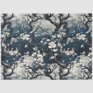 Vintage Asian Inspired Dark Blue & White Florals Tissue Paper