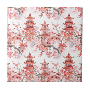 Vintage Asian Pagoda Pink Blossom Scenic Art Ceramic Tile