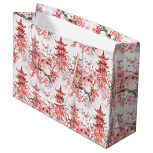 Vintage Asian Pagoda Pink Blossom Scenic Art Large Gift Bag