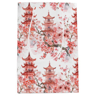 Vintage Asian Pagoda Pink Blossom Scenic Art Medium Gift Bag
