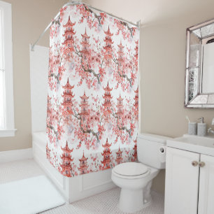 Vintage Asian Pagoda Pink Blossom Scenic Art Shower Curtain