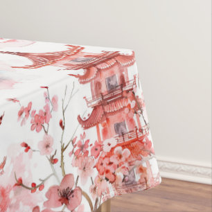 Vintage Asian Pagoda Pink Blossom Scenic Art Tablecloth