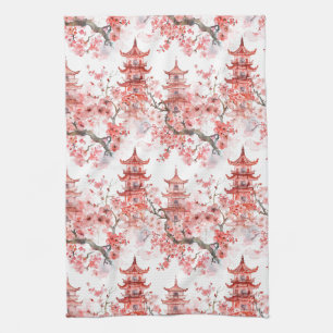 Vintage Asian Pagoda Pink Blossom Scenic Art Tea Towel