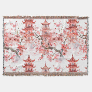 Vintage Asian Pagoda Pink Blossom Scenic Art Throw Blanket