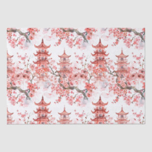 Vintage Asian Pagoda Pink Blossom Scenic Art Tissue Paper